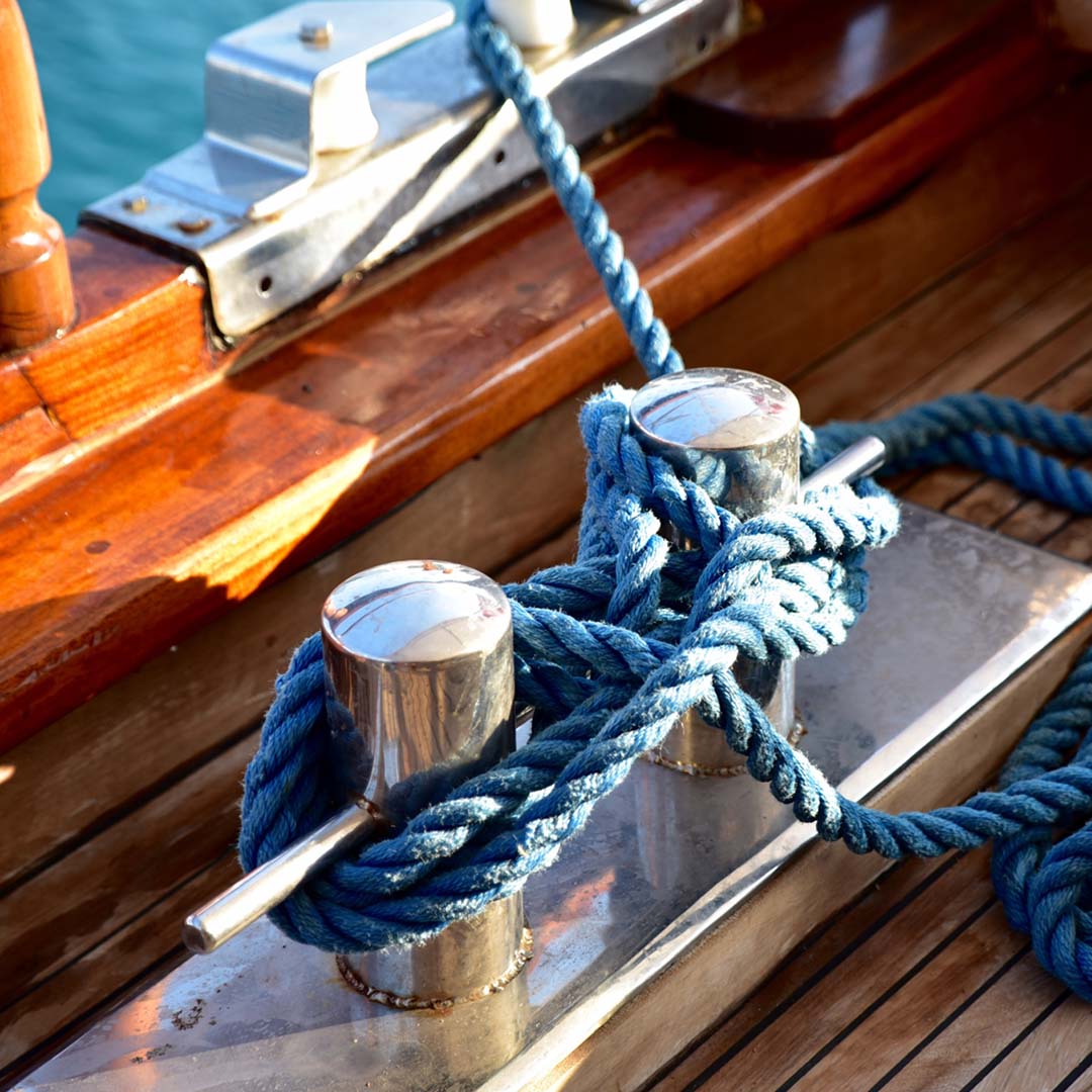 A yacht with ropes tied in knots