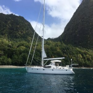 boat near a mountainous shore